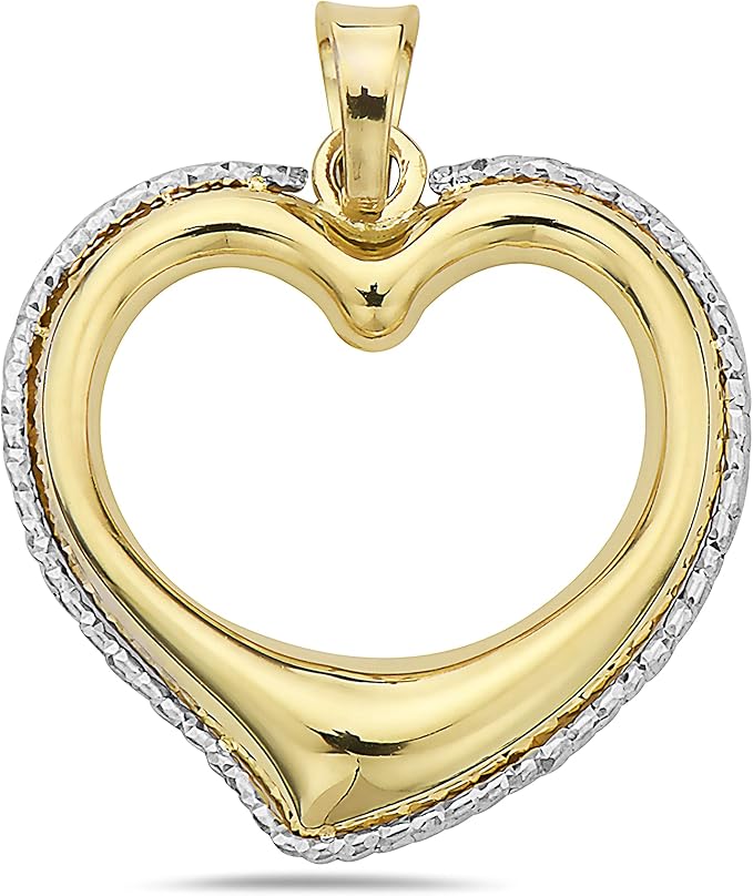 14k 双色金黄色浮动心形银色钻石切割细节可爱吊坠精美首饰送给女性